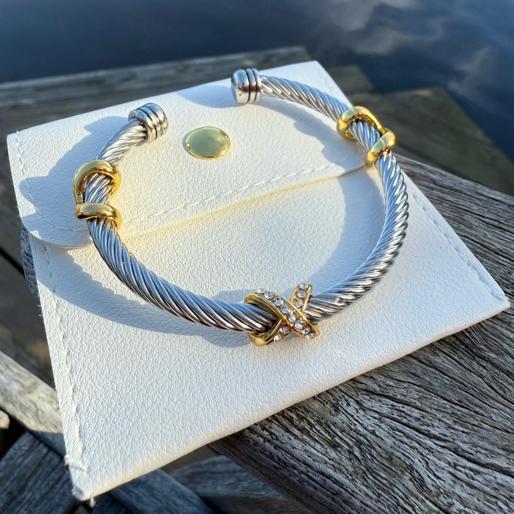 Nordstrom Two-Tone Gold Accents with Pavé Crystal‎ X Cable Cuff Bracelet